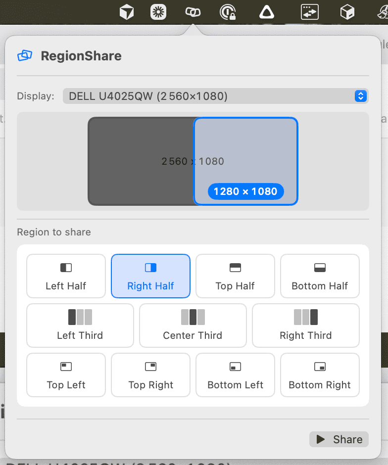 RegionShare app window showing screen region selection